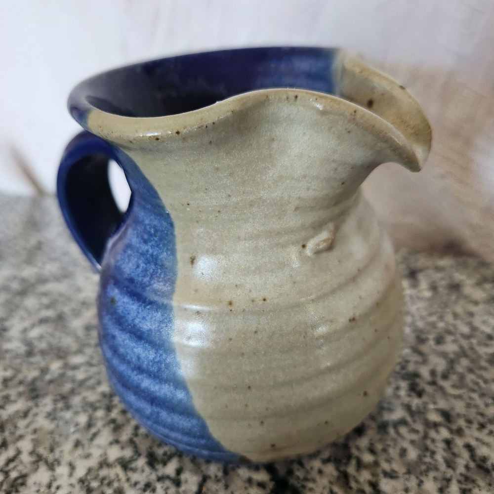 Vintage Hand Thrown Signed Pottery Blue & Grey Mini Pitcher / Creamer - Picture 3 of 6